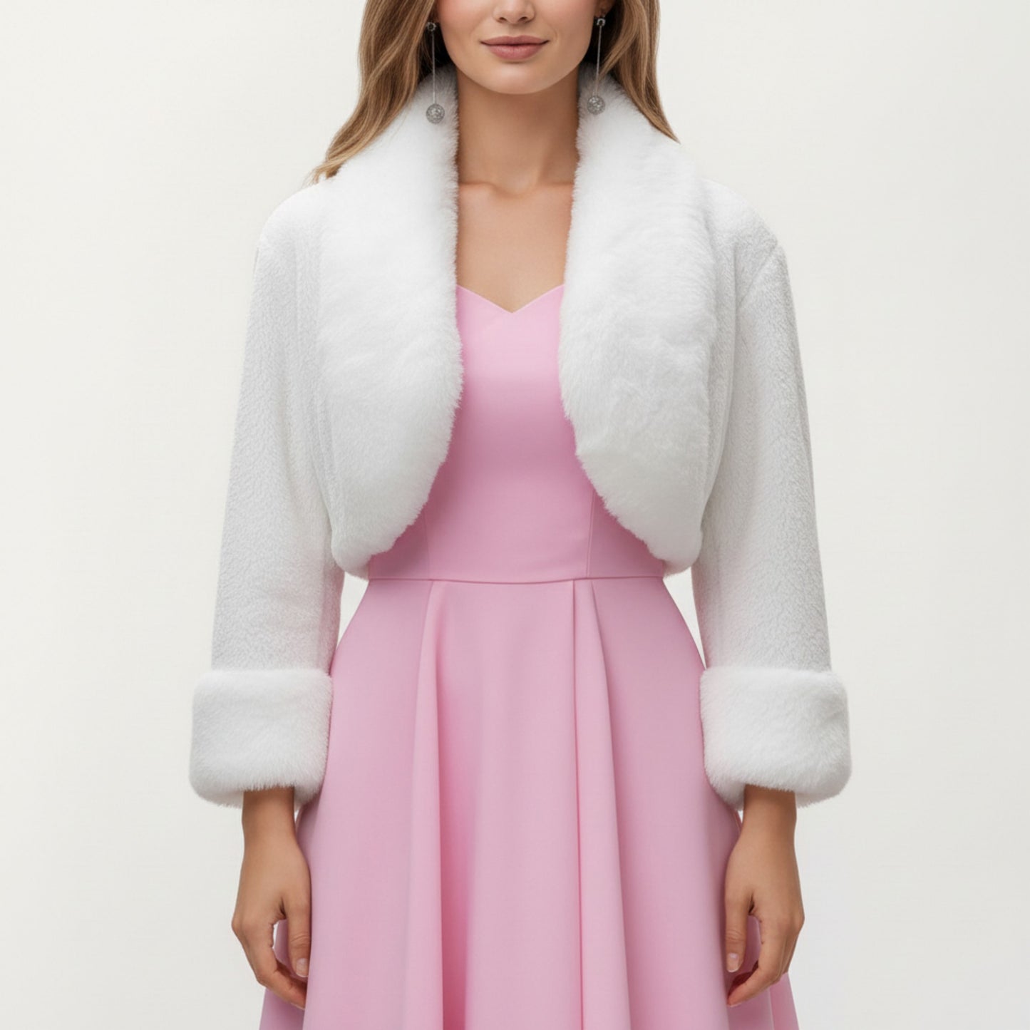 Anna-Kaci Women's Faux Fur Trim Cropped Jacket with Plush Shawl Collar Soft Textured Long Sleeves and Clean Open Front 19in