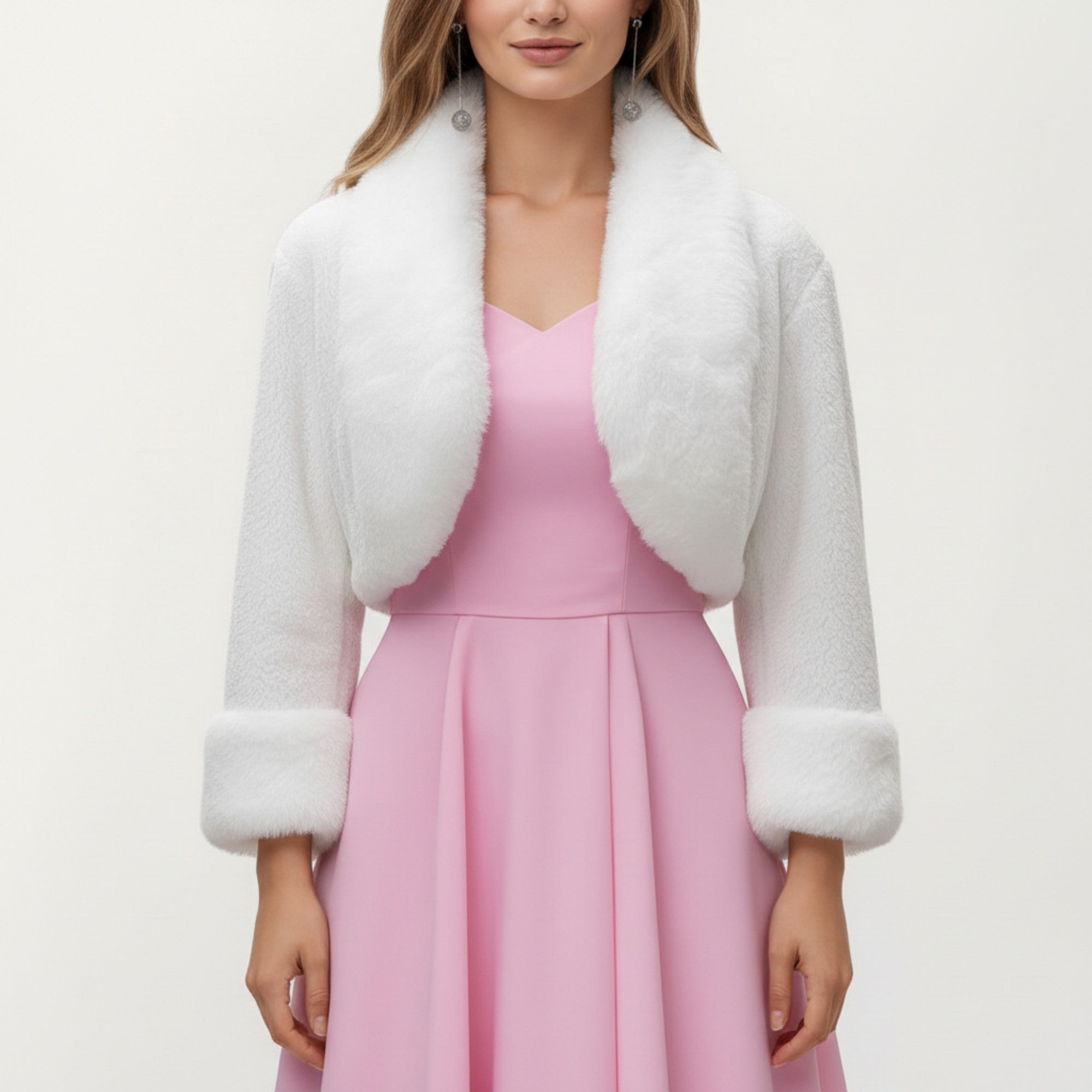 Anna-Kaci Women's Faux Fur Trim Cropped Jacket with Plush Shawl Collar Soft Textured Long Sleeves and Clean Open Front 19in