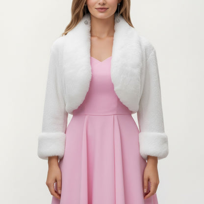 Anna-Kaci Women's Faux Fur Trim Cropped Jacket with Plush Shawl Collar Soft Textured Long Sleeves and Clean Open Front 19in