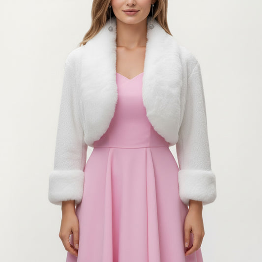 Anna-Kaci Women's Faux Fur Trim Cropped Jacket with Plush Shawl Collar Soft Textured Long Sleeves and Clean Open Front 19in