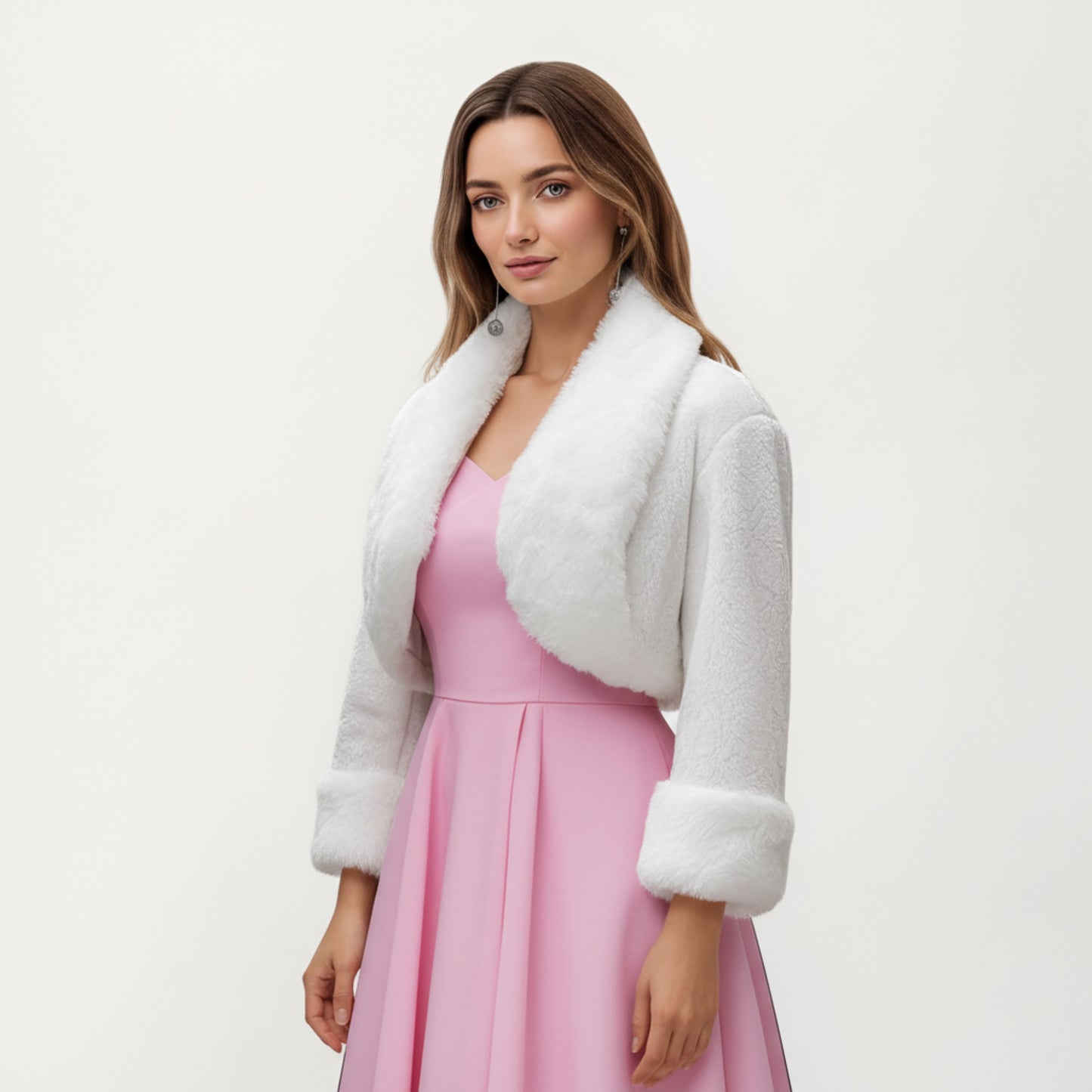 Anna-Kaci Women's Faux Fur Trim Cropped Jacket with Plush Shawl Collar Soft Textured Long Sleeves and Clean Open Front 19in