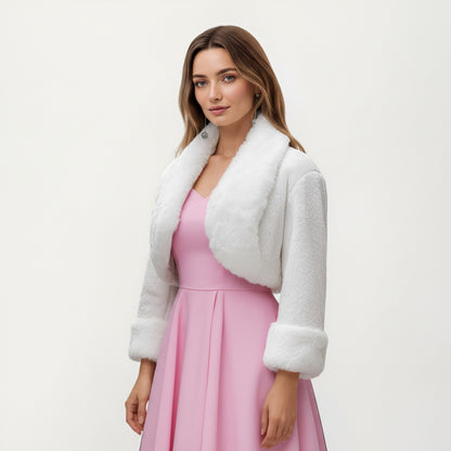 Anna-Kaci Women's Faux Fur Trim Cropped Jacket with Plush Shawl Collar Soft Textured Long Sleeves and Clean Open Front 19in