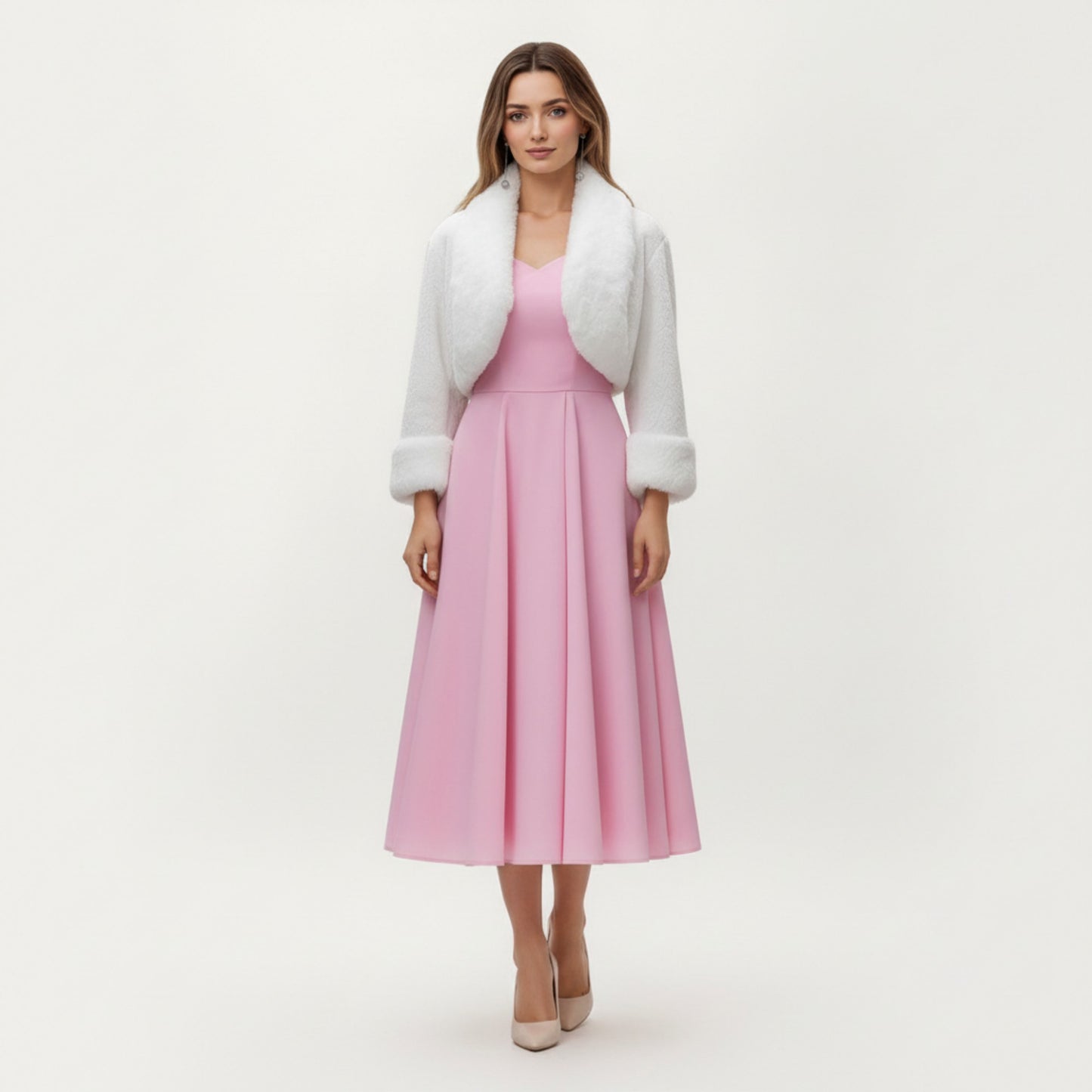 Anna-Kaci Women's Faux Fur Trim Cropped Jacket with Plush Shawl Collar Soft Textured Long Sleeves and Clean Open Front 19in