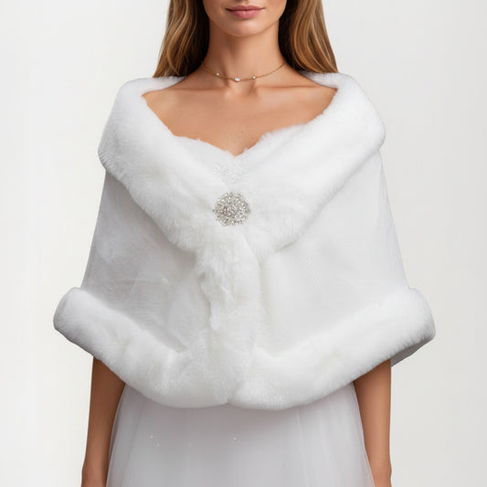 Anna-Kaci Women's Faux Fur Trim Wrap Shawl with Plush Textured Finish Sparkling Brooch Closure and Draped Silhouette 19in