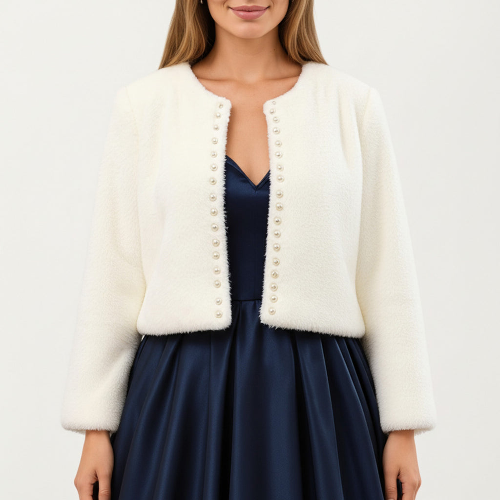 Anna-Kaci Women's Soft Plush Cropped Jacket with Pearl Trim Open Front Long Sleeves and Elegant Textured Finish 23.5in