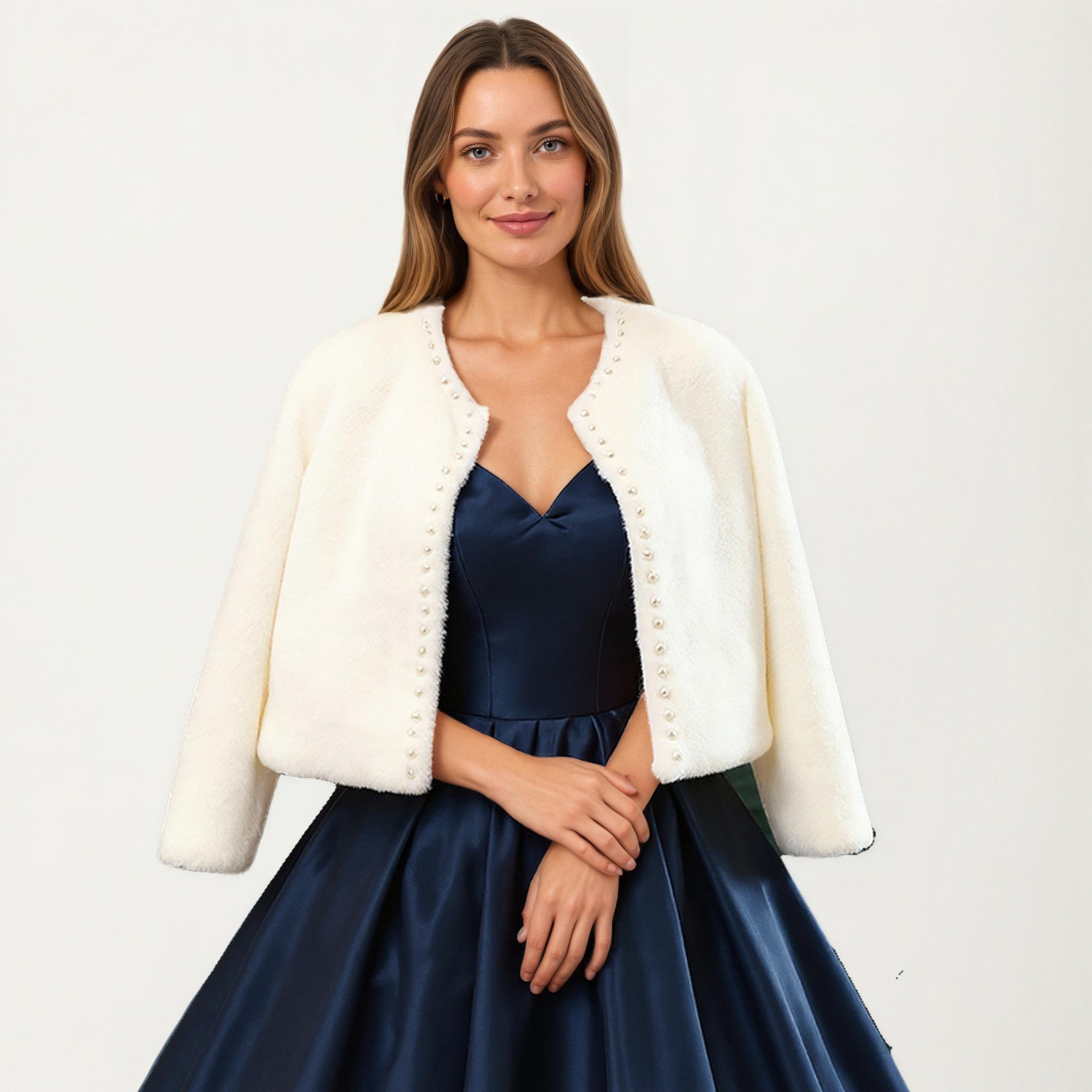 Anna-Kaci Women's Soft Plush Cropped Jacket with Pearl Trim Open Front Long Sleeves and Elegant Textured Finish 23.5in
