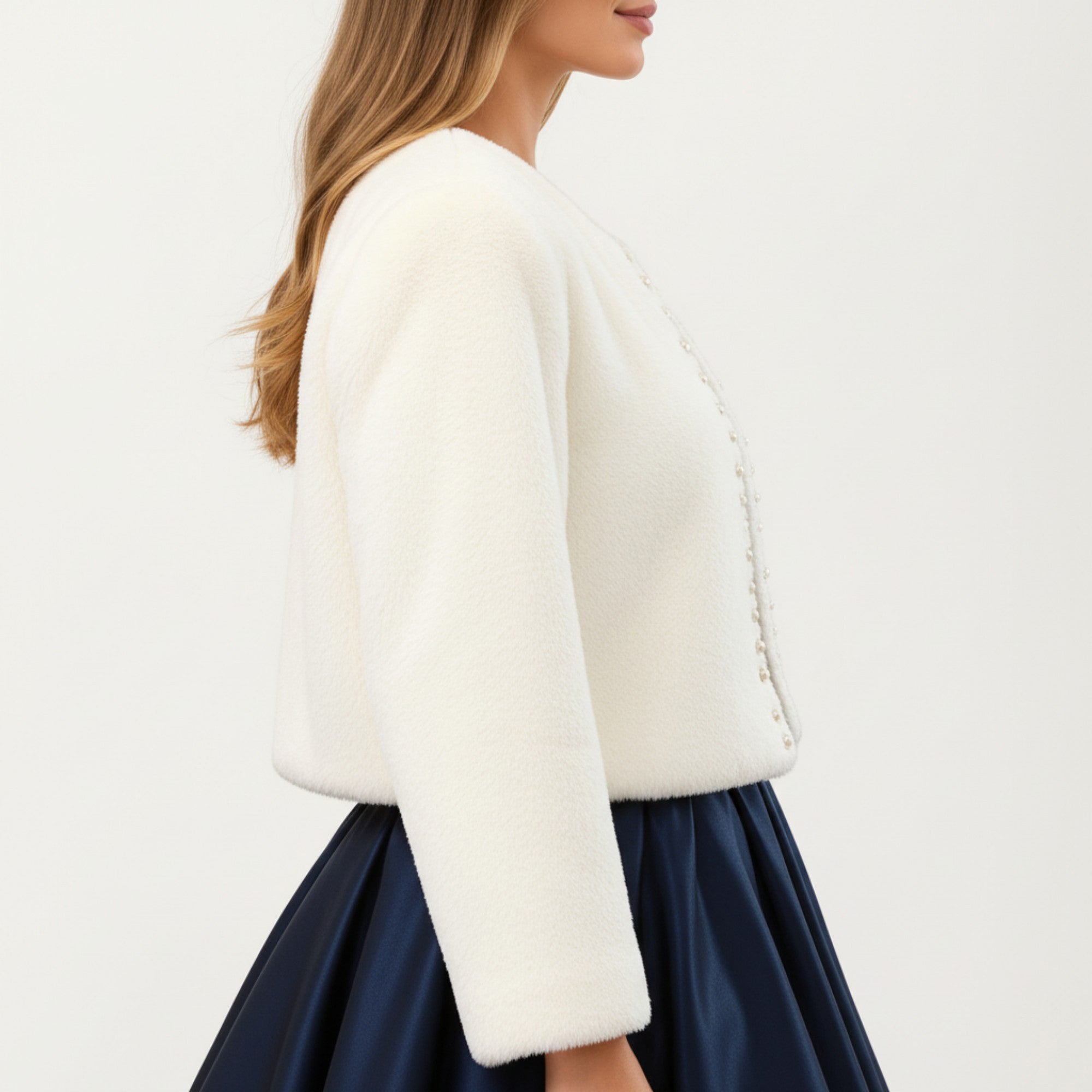 Anna-Kaci Women's Soft Plush Cropped Jacket with Pearl Trim Open Front Long Sleeves and Elegant Textured Finish 23.5in