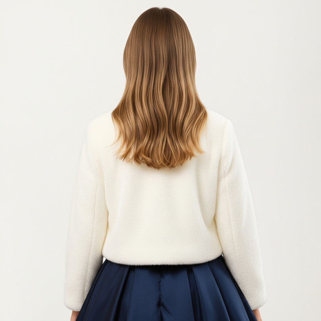 Anna-Kaci Women's Soft Plush Cropped Jacket with Pearl Trim Open Front Long Sleeves and Elegant Textured Finish 23.5in