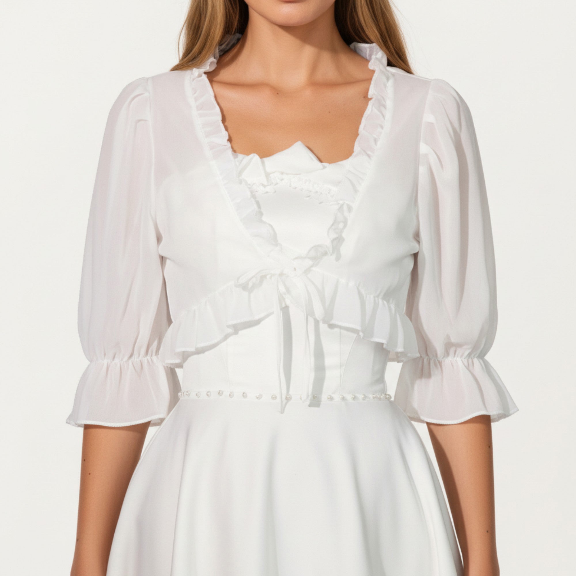 Anna-Kaci Women's Sheer Ruffle Trim Bolero Top with Puff Sleeves Soft Layered Front Tie Detail and Elegant Overlay 8.5x13in