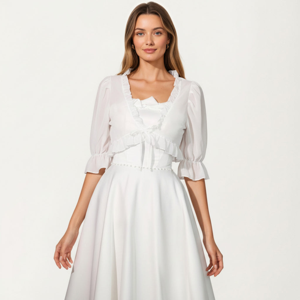 Anna-Kaci Women's Sheer Ruffle Trim Bolero Top with Puff Sleeves Soft Layered Front Tie Detail and Elegant Overlay 8.5x13in