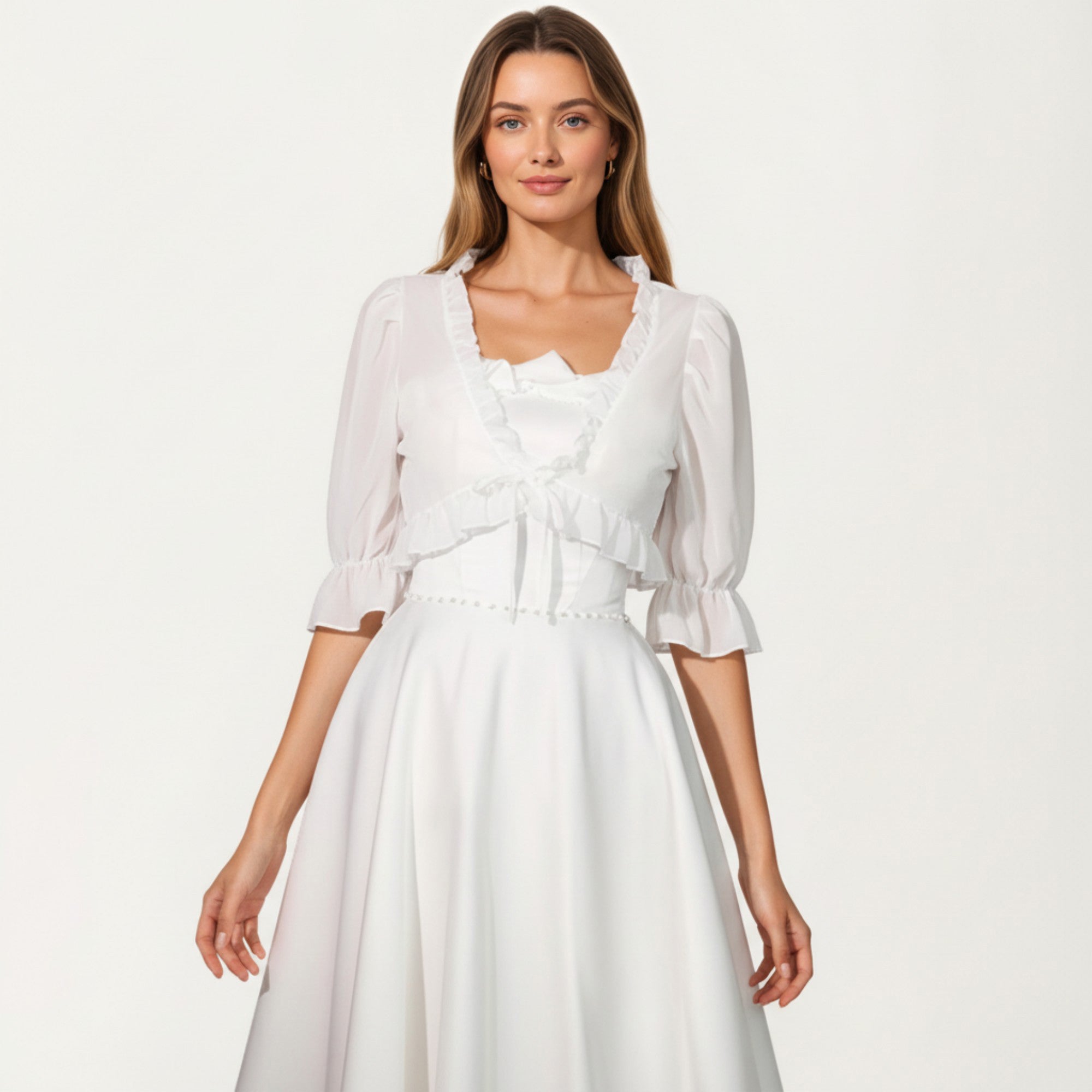 Anna-Kaci Women's Sheer Ruffle Trim Bolero Top with Puff Sleeves Soft Layered Front Tie Detail and Elegant Overlay 8.5x13in