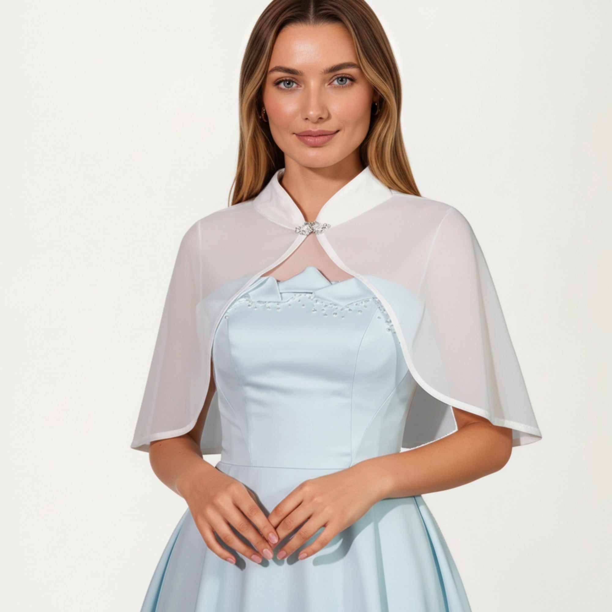 Anna-Kaci Women's Sheer Chiffon Capelet with Satin Trim Structured Collar and Sparkling Clasp Front for an Light Overlay 8.5x13in