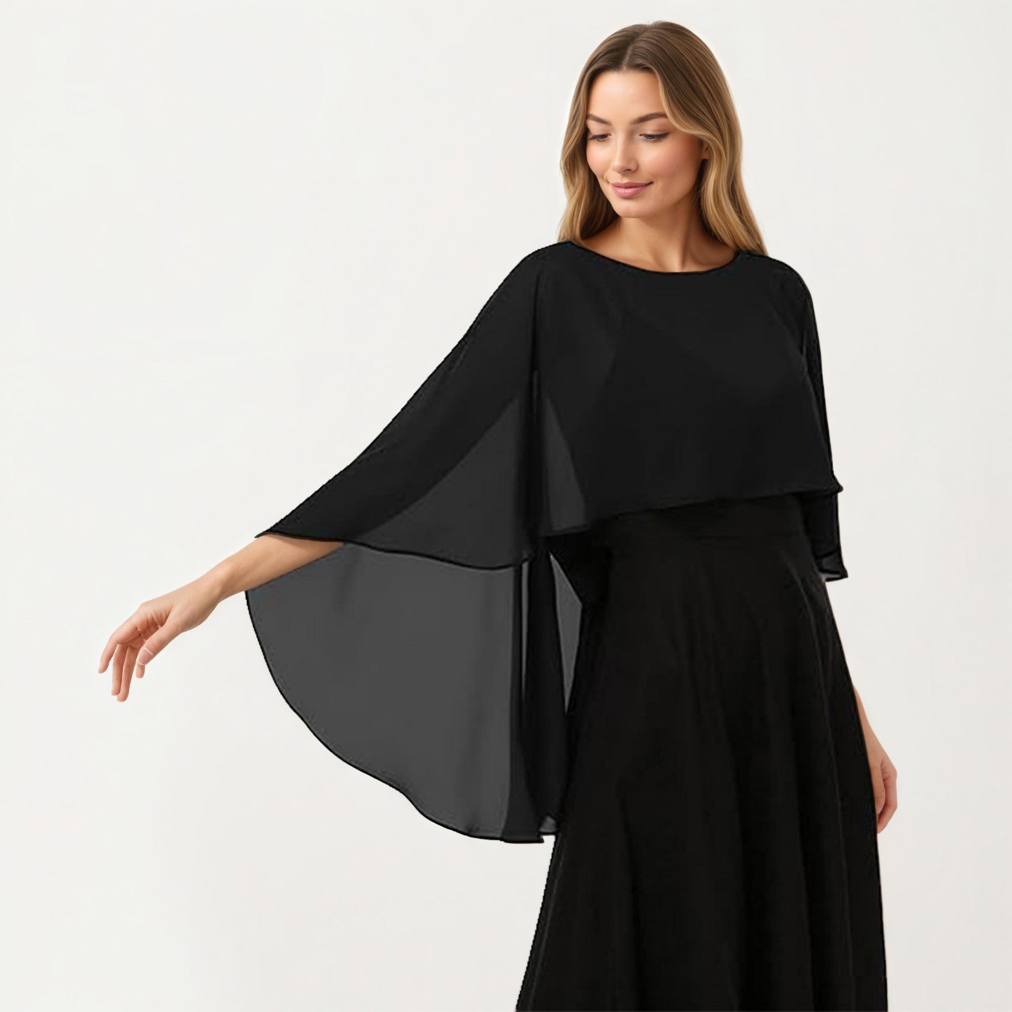 Anna-Kaci Women's Flowing Chiffon Capelet Top with Layered Draped Sleeves Soft Sheer Overlay and Elegant Silhouette 19in