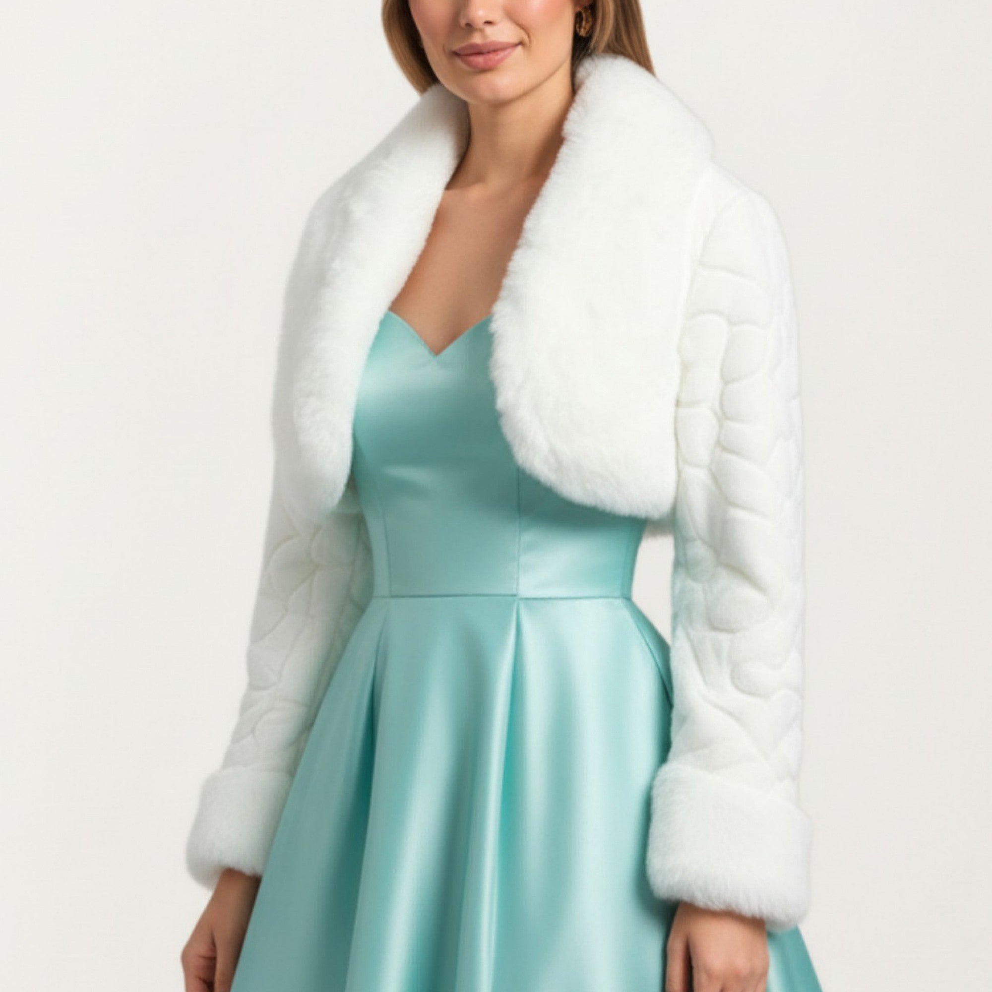 Anna-Kaci Women's Plush Faux Fur Bolero Jacket with Soft Wide Collar Quilted Texture Sleeves and Luxe Trim Details 19in