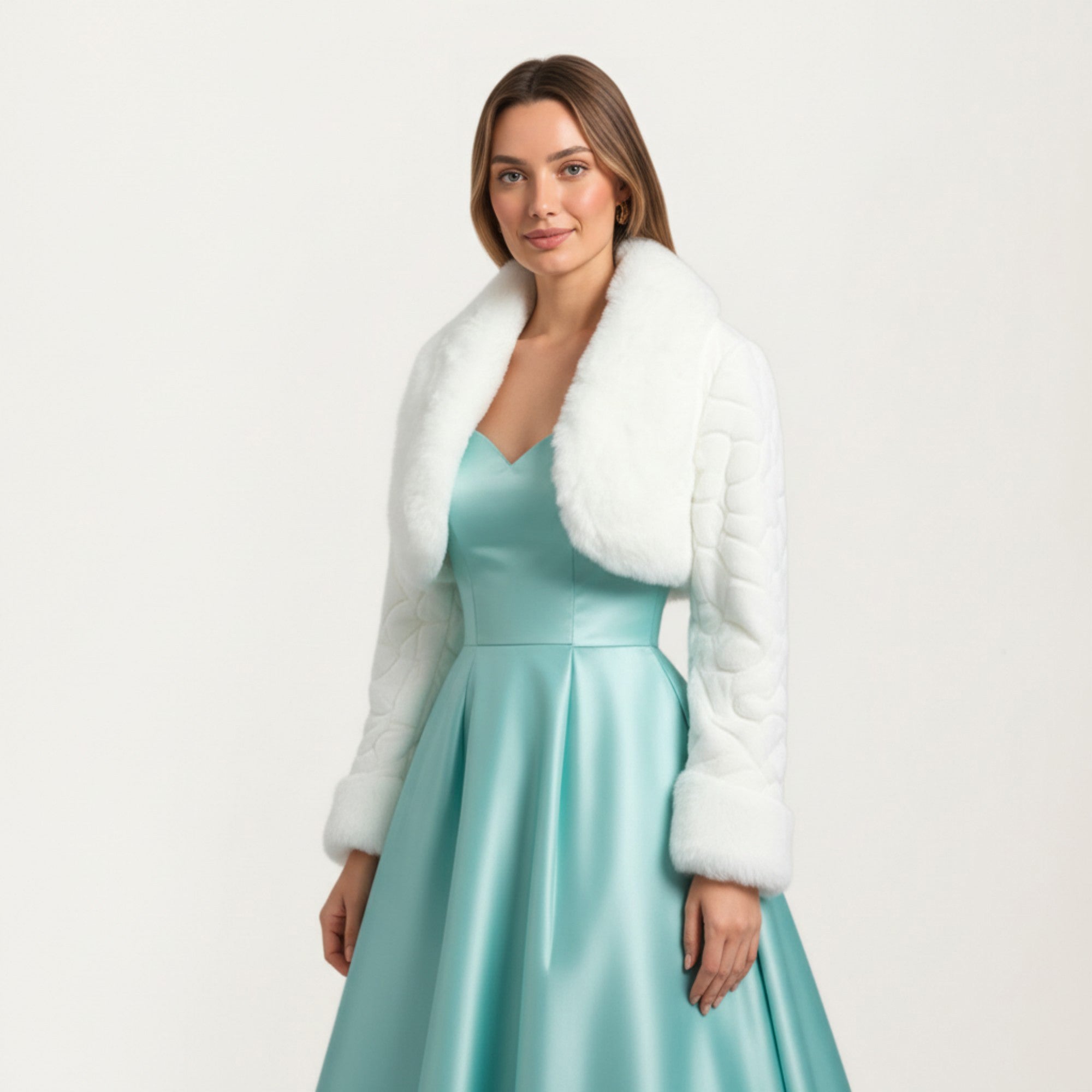 Anna-Kaci Women's Plush Faux Fur Bolero Jacket with Soft Wide Collar Quilted Texture Sleeves and Luxe Trim Details 19in