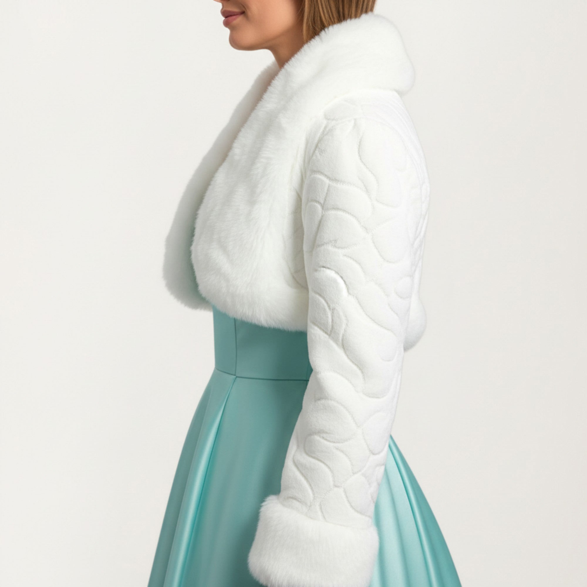 Anna-Kaci Women's Plush Faux Fur Bolero Jacket with Soft Wide Collar Quilted Texture Sleeves and Luxe Trim Details 19in