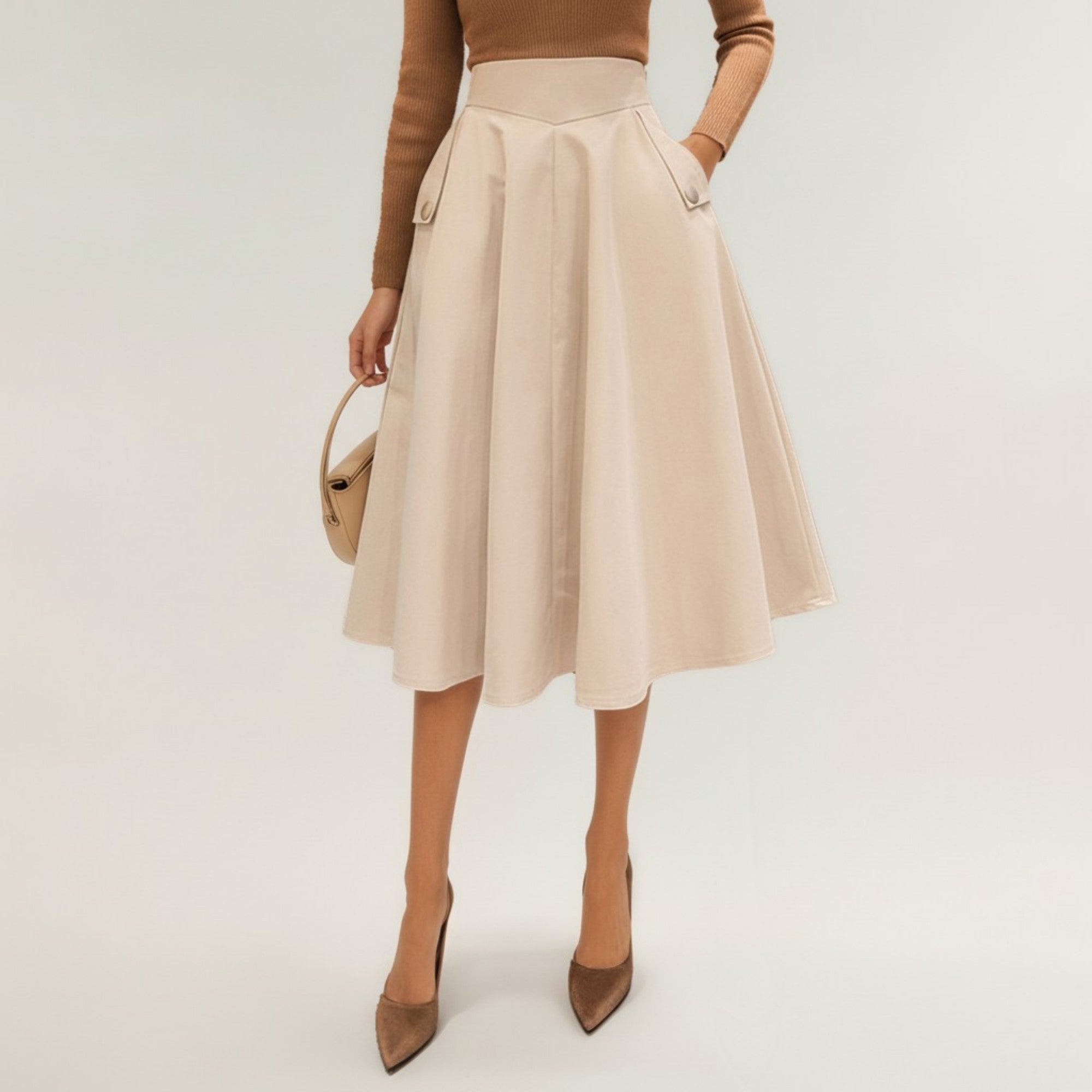 Anna-Kaci Women's Midi A-Line Skirt with Structured High Waist, Soft Flowing Panels, and Button-Tab Pocket Accents for Shape