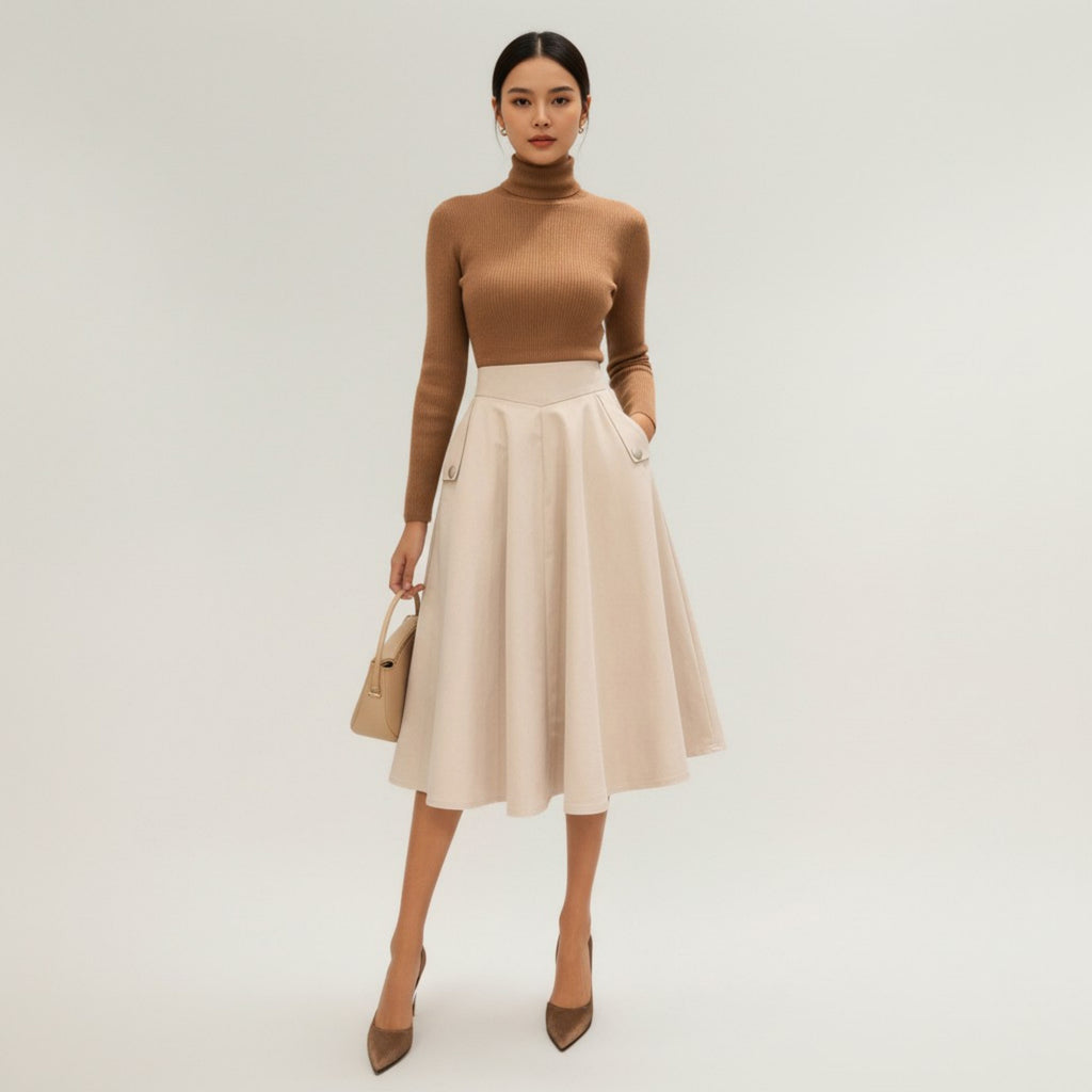 Anna-Kaci Women's Midi A-Line Skirt with Structured High Waist, Soft Flowing Panels, and Button-Tab Pocket Accents for Shape