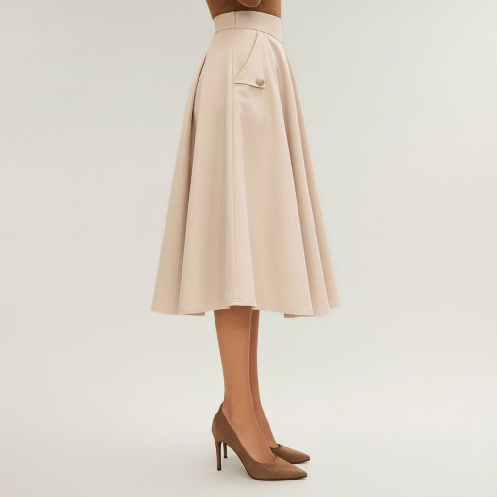 Anna-Kaci Women's Midi A-Line Skirt with Structured High Waist, Soft Flowing Panels, and Button-Tab Pocket Accents for Shape