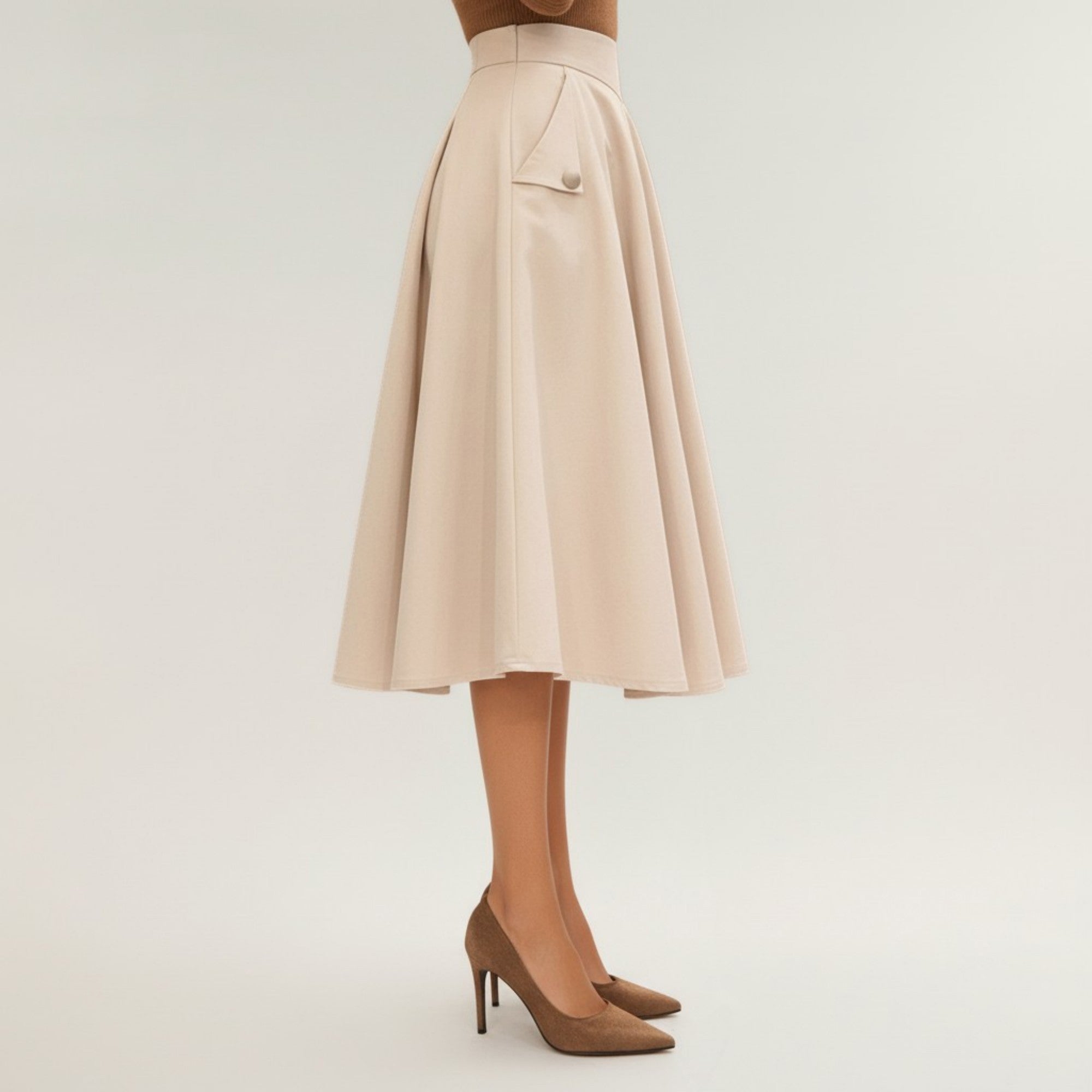 Anna-Kaci Women's Midi A-Line Skirt with Structured High Waist, Soft Flowing Panels, and Button-Tab Pocket Accents for Shape