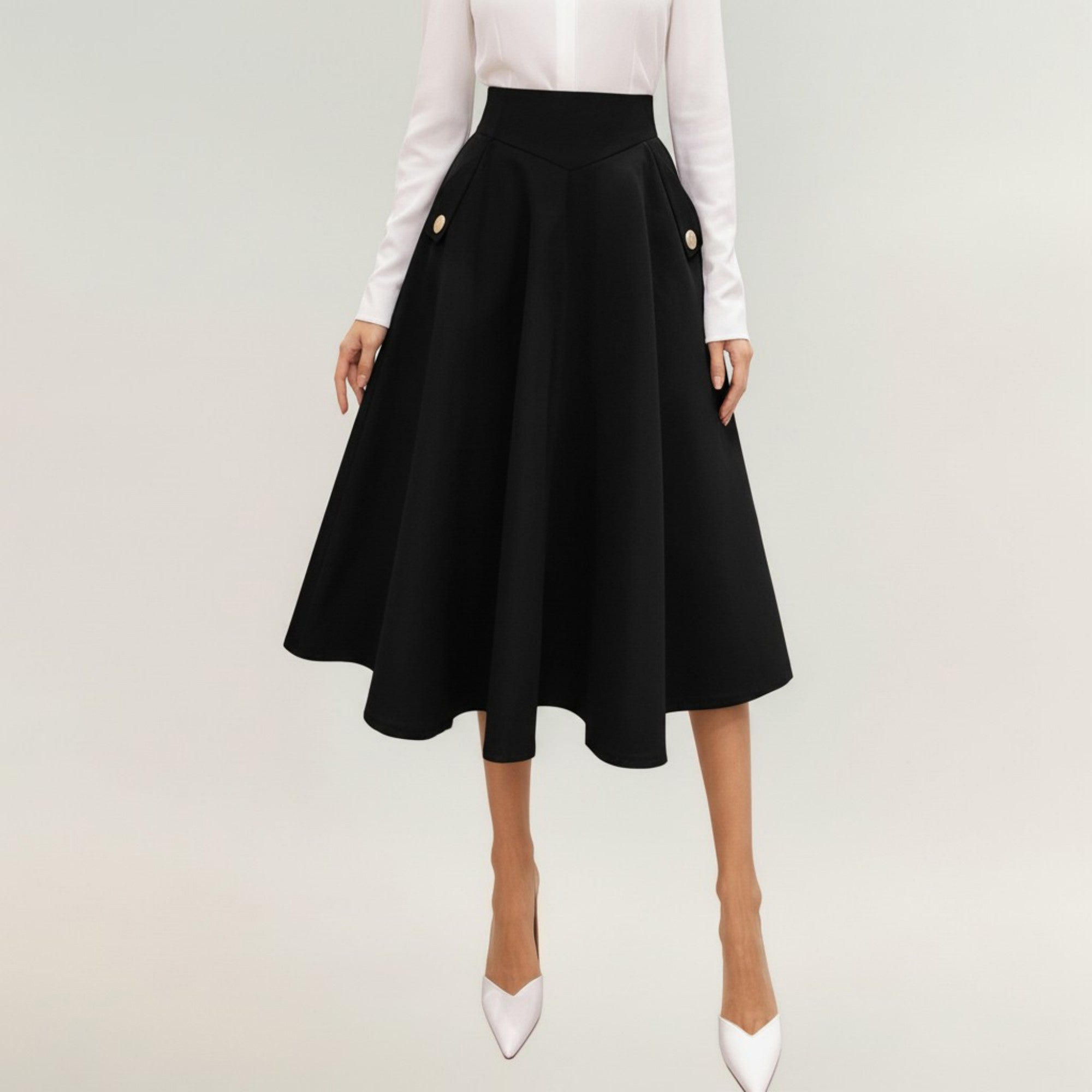 Anna-Kaci Women's Midi A-Line Skirt with Structured High Waist, Soft Flowing Panels, and Button-Tab Pocket Accents for Shape