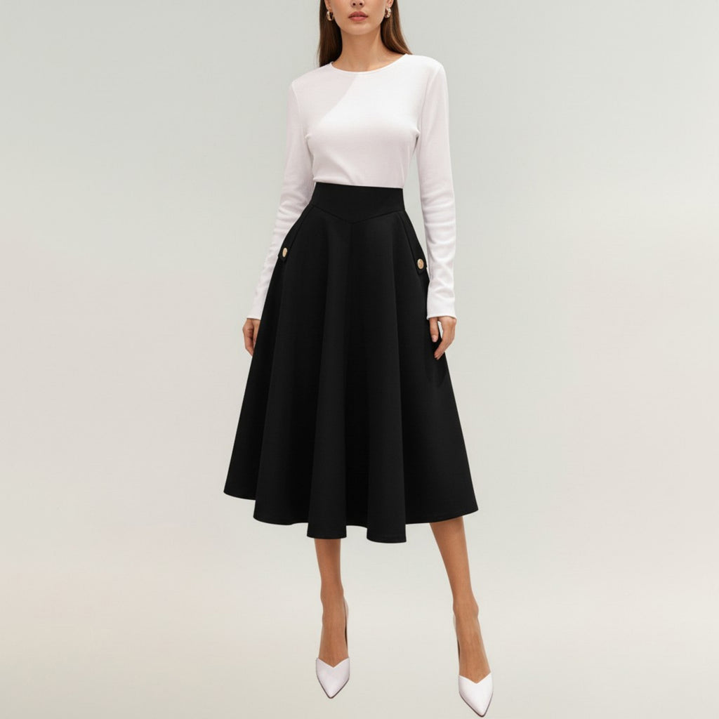 Anna-Kaci Women's Midi A-Line Skirt with Structured High Waist, Soft Flowing Panels, and Button-Tab Pocket Accents for Shape