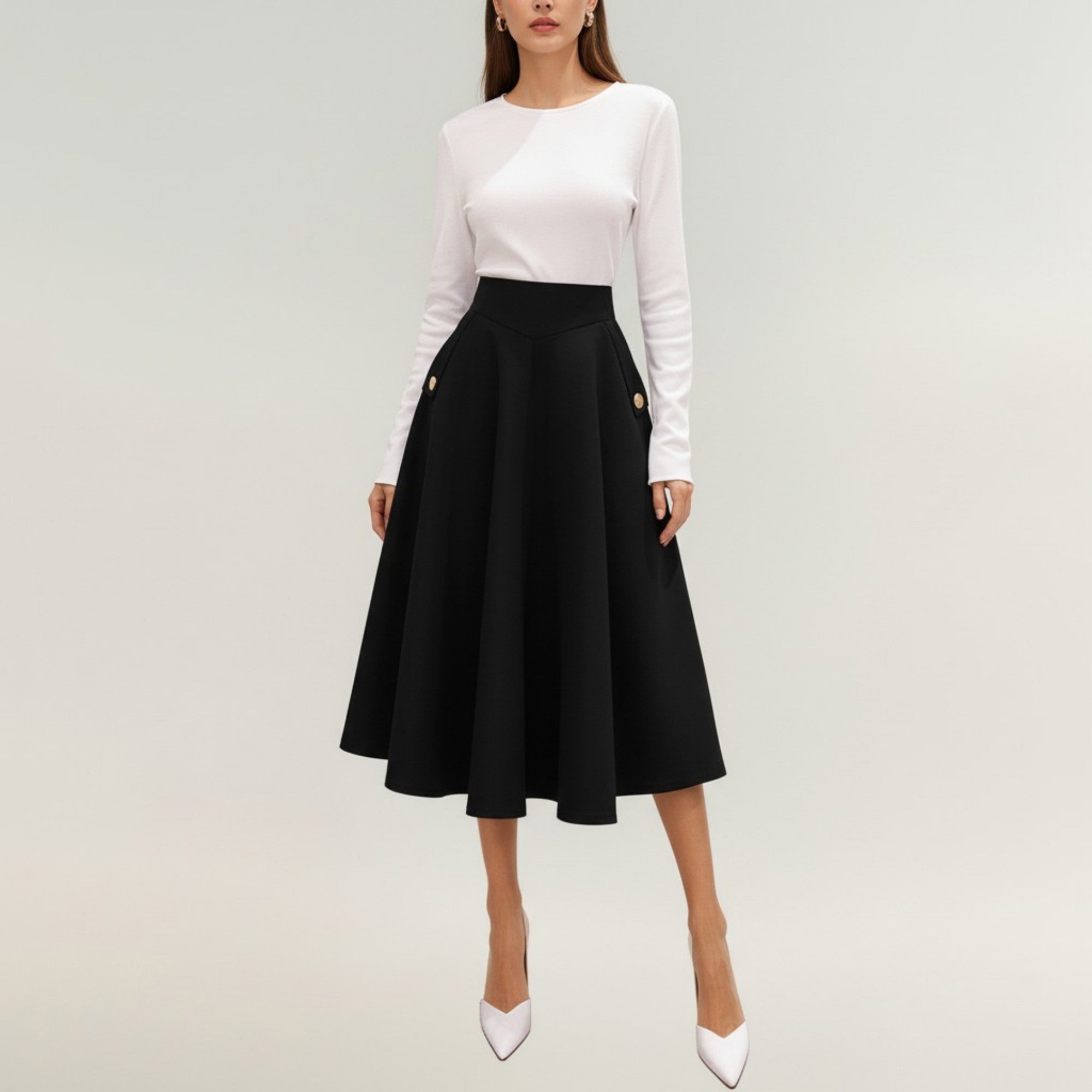 Anna-Kaci Women's Midi A-Line Skirt with Structured High Waist, Soft Flowing Panels, and Button-Tab Pocket Accents for Shape