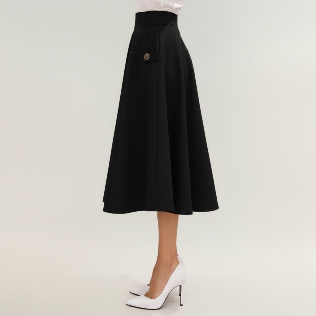 Anna-Kaci Women's Midi A-Line Skirt with Structured High Waist, Soft Flowing Panels, and Button-Tab Pocket Accents for Shape