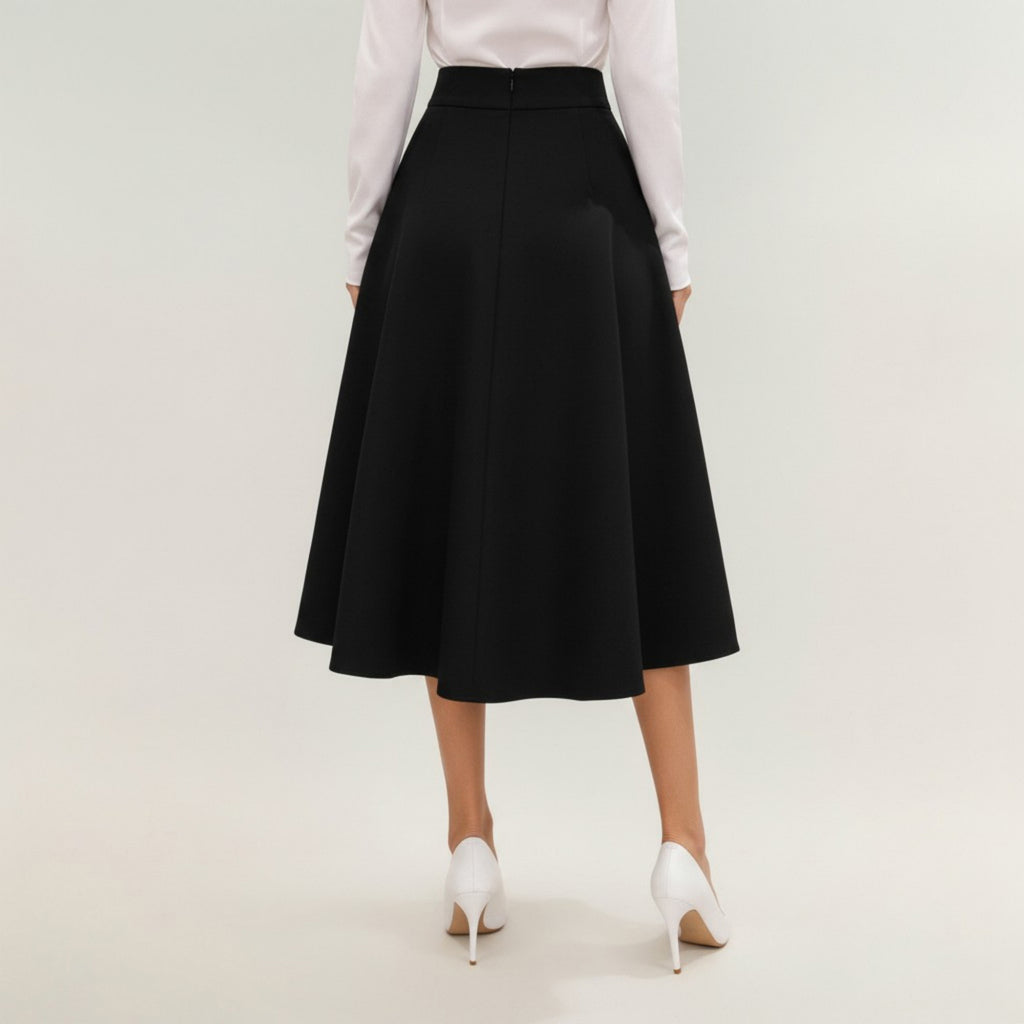 Anna-Kaci Women's Midi A-Line Skirt with Structured High Waist, Soft Flowing Panels, and Button-Tab Pocket Accents for Shape
