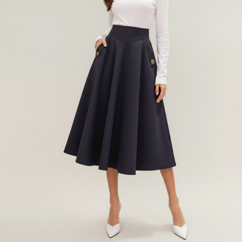 Anna-Kaci Women's Midi A-Line Skirt with Structured High Waist, Soft Flowing Panels, and Button-Tab Pocket Accents for Shape