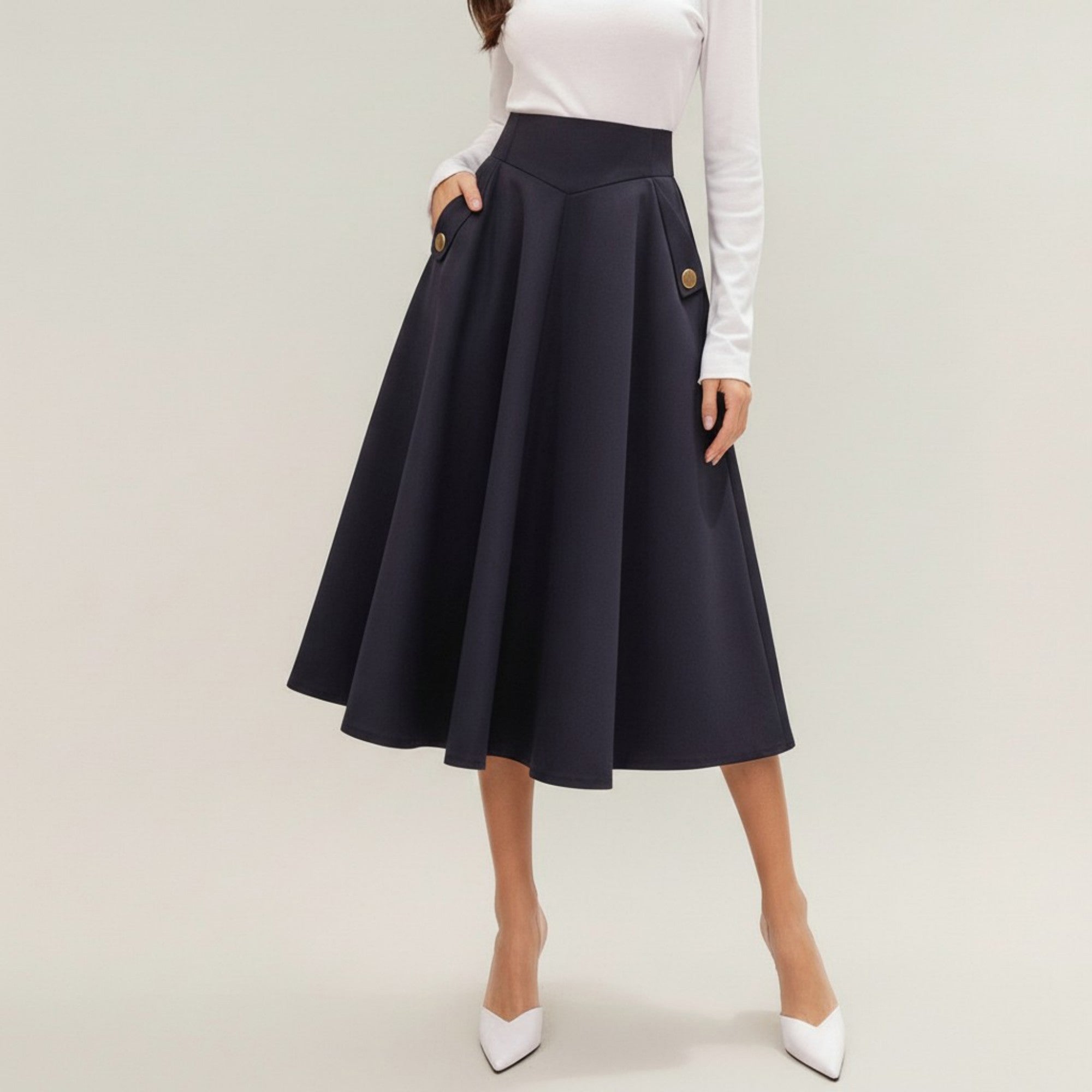 Anna-Kaci Women's Midi A-Line Skirt with Structured High Waist, Soft Flowing Panels, and Button-Tab Pocket Accents for Shape