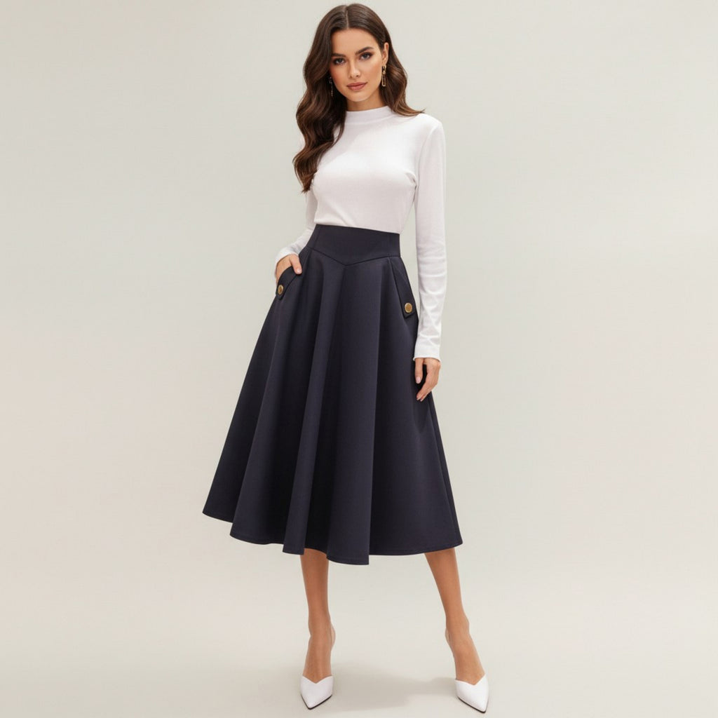 Anna-Kaci Women's Midi A-Line Skirt with Structured High Waist, Soft Flowing Panels, and Button-Tab Pocket Accents for Shape