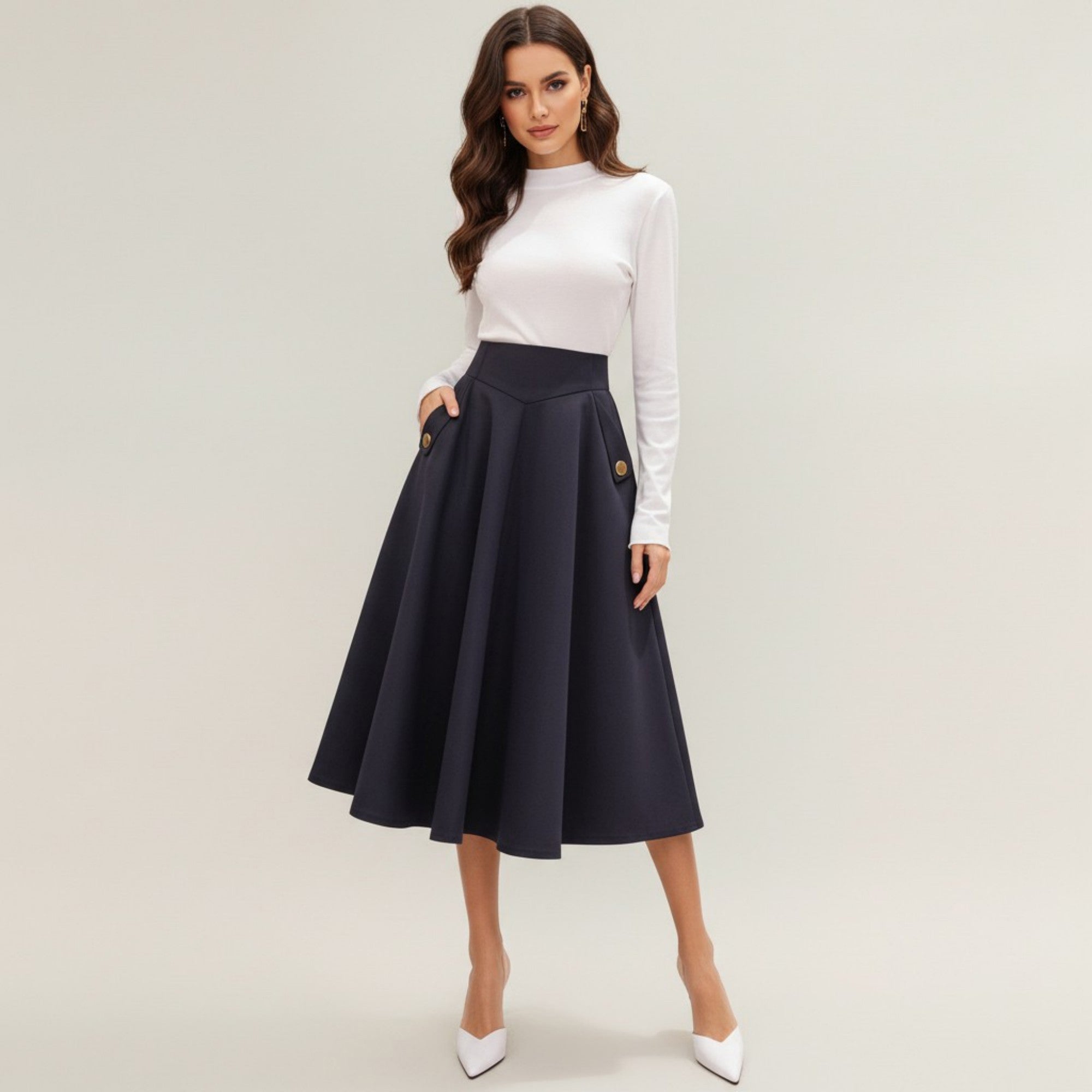 Anna-Kaci Women's Midi A-Line Skirt with Structured High Waist, Soft Flowing Panels, and Button-Tab Pocket Accents for Shape