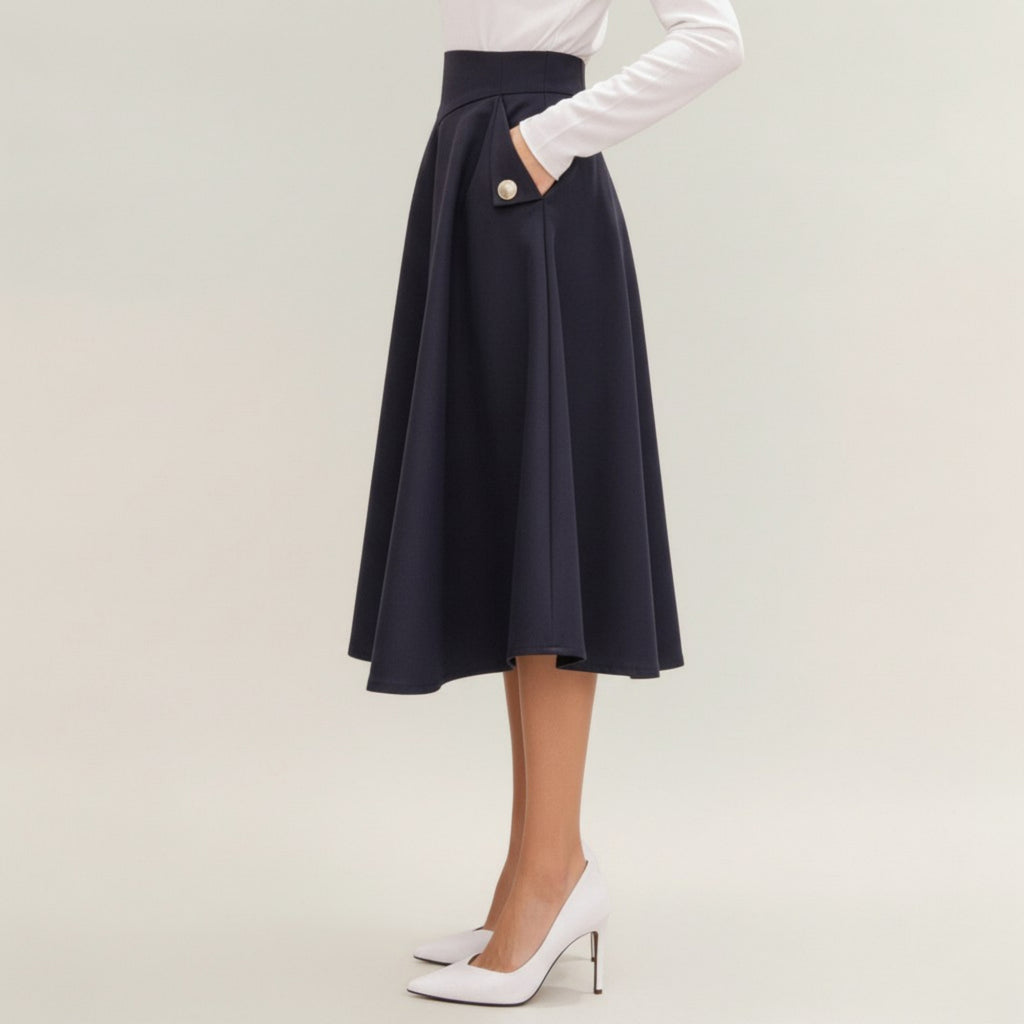 Anna-Kaci Women's Midi A-Line Skirt with Structured High Waist, Soft Flowing Panels, and Button-Tab Pocket Accents for Shape