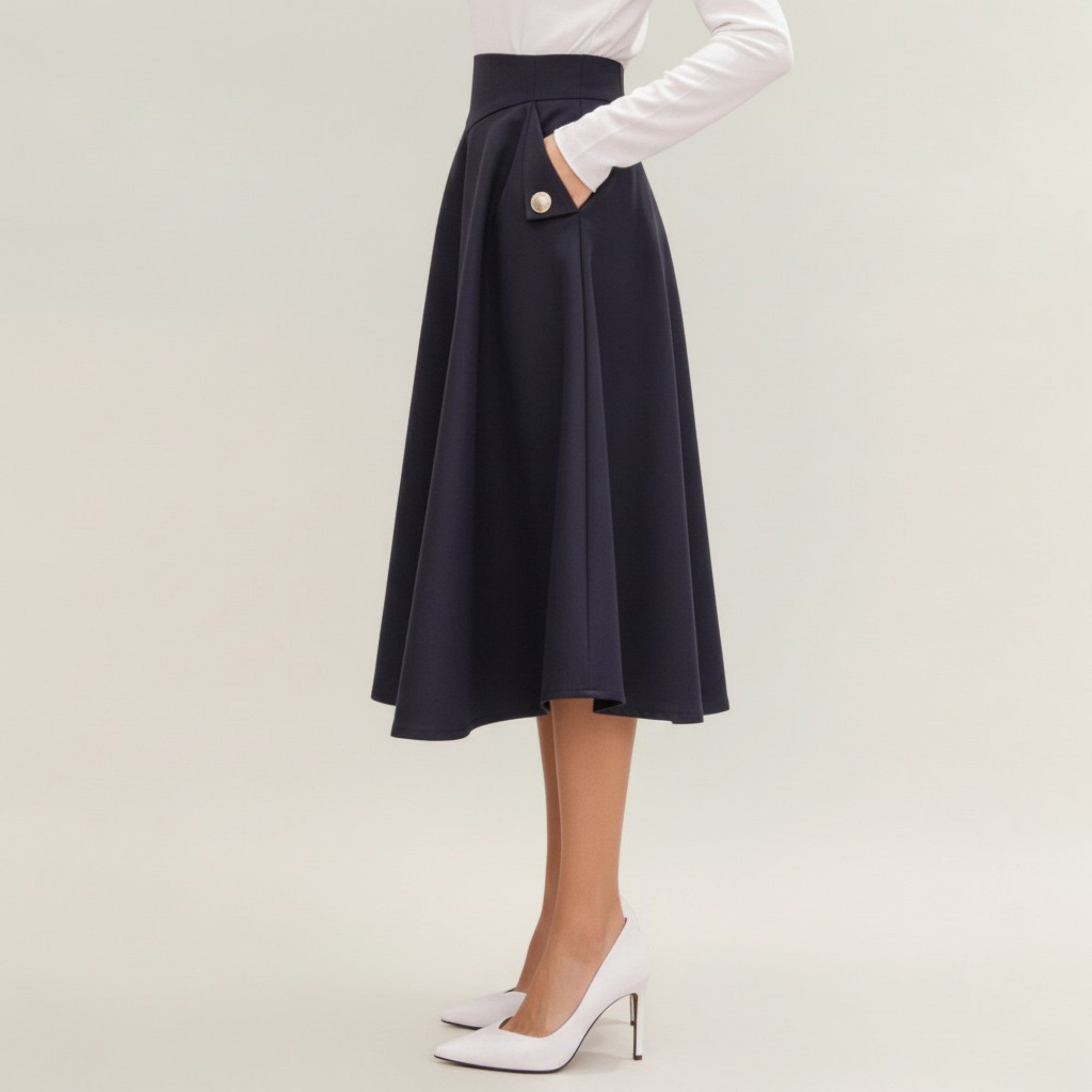 Anna-Kaci Women's Midi A-Line Skirt with Structured High Waist, Soft Flowing Panels, and Button-Tab Pocket Accents for Shape