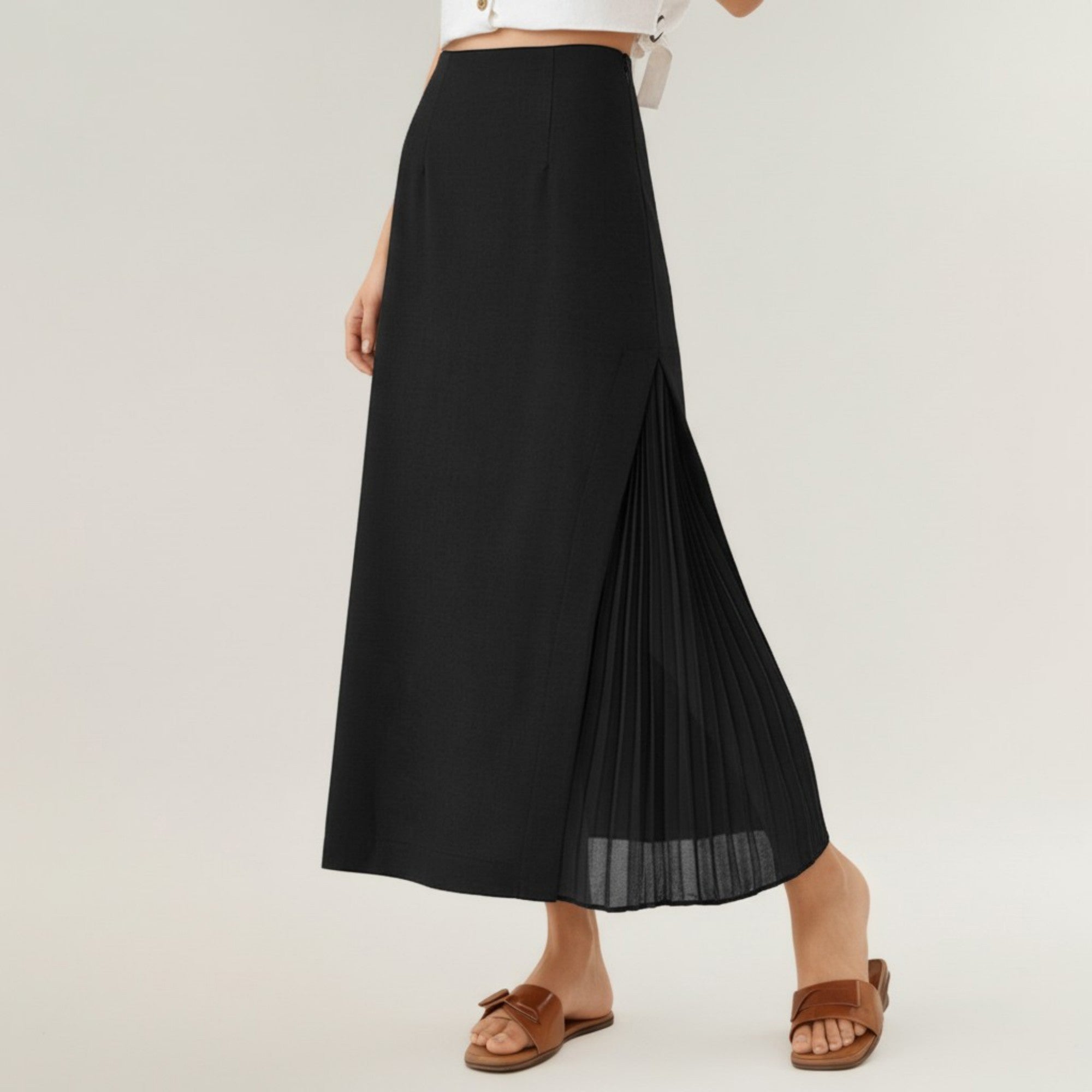 Anna-Kaci Women's Maxi Skirt with Sleek Straight Silhouette and Soft Pleated Side Panel Detail for Elegant Flowing Movement