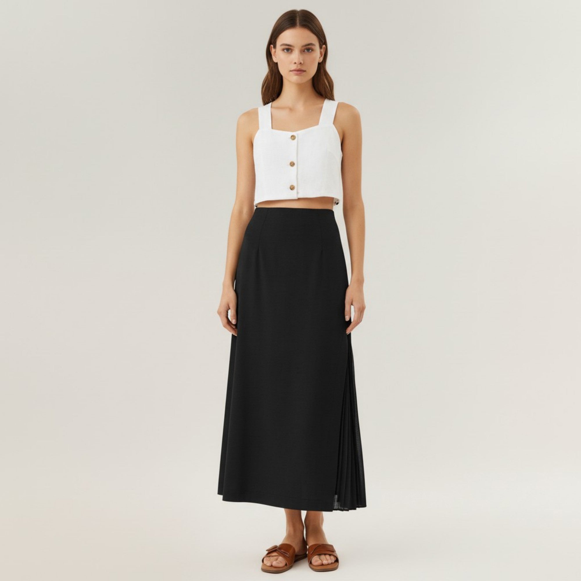 Anna-Kaci Women's Maxi Skirt with Sleek Straight Silhouette and Soft Pleated Side Panel Detail for Elegant Flowing Movement