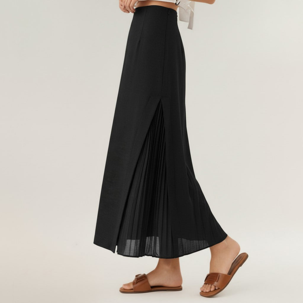 Anna-Kaci Women's Maxi Skirt with Sleek Straight Silhouette and Soft Pleated Side Panel Detail for Elegant Flowing Movement