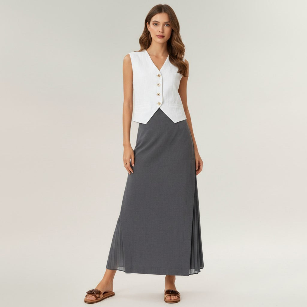 Anna-Kaci Women's Maxi Skirt with Sleek Straight Silhouette and Soft Pleated Side Panel Detail for Elegant Flowing Movement