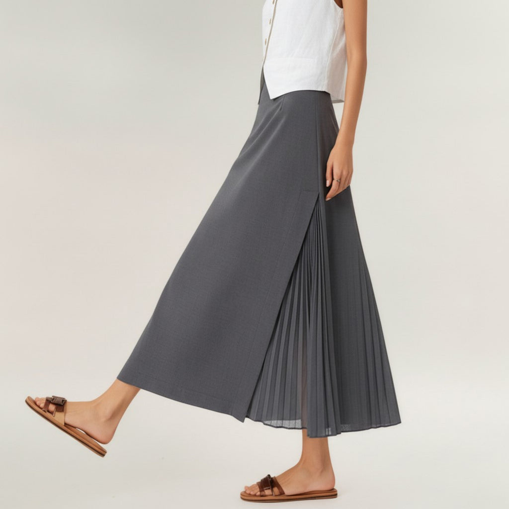 Anna-Kaci Women's Maxi Skirt with Sleek Straight Silhouette and Soft Pleated Side Panel Detail for Elegant Flowing Movement