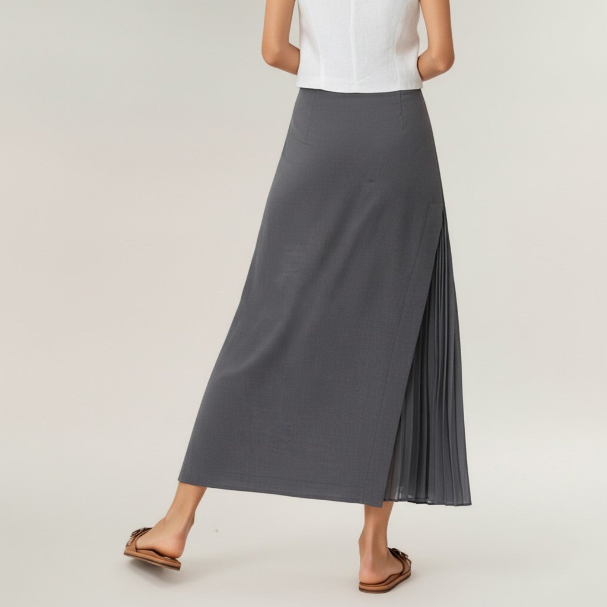 Anna-Kaci Women's Maxi Skirt with Sleek Straight Silhouette and Soft Pleated Side Panel Detail for Elegant Flowing Movement
