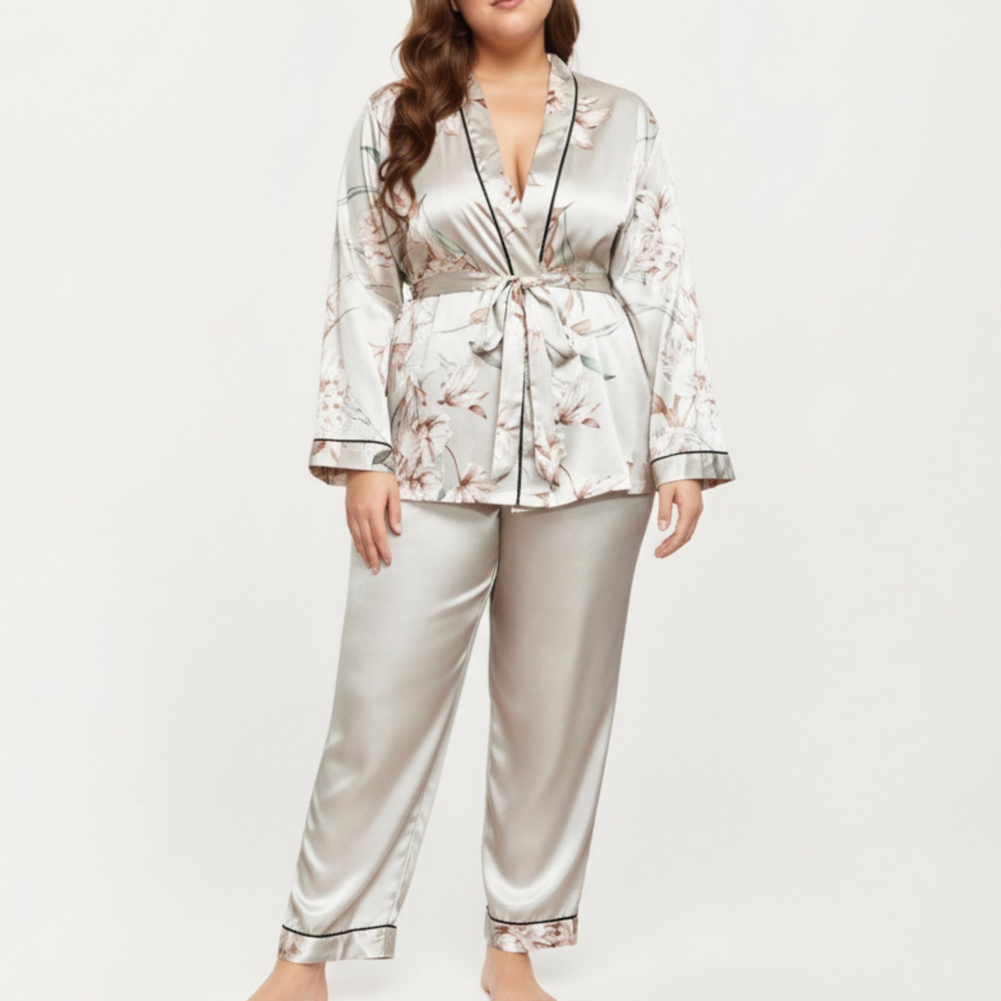 Anna-Kaci Lounge Women's PLus Size Satin Pajama Set with Wrap Front Tie Waist Top and Straight Leg Pants