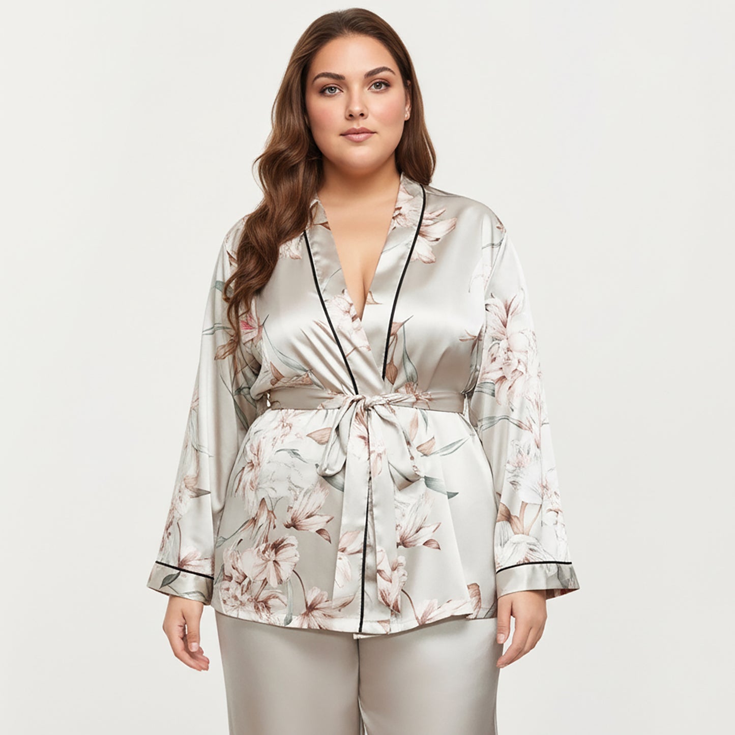 Anna-Kaci Lounge Women's PLus Size Satin Pajama Set with Wrap Front Tie Waist Top and Straight Leg Pants