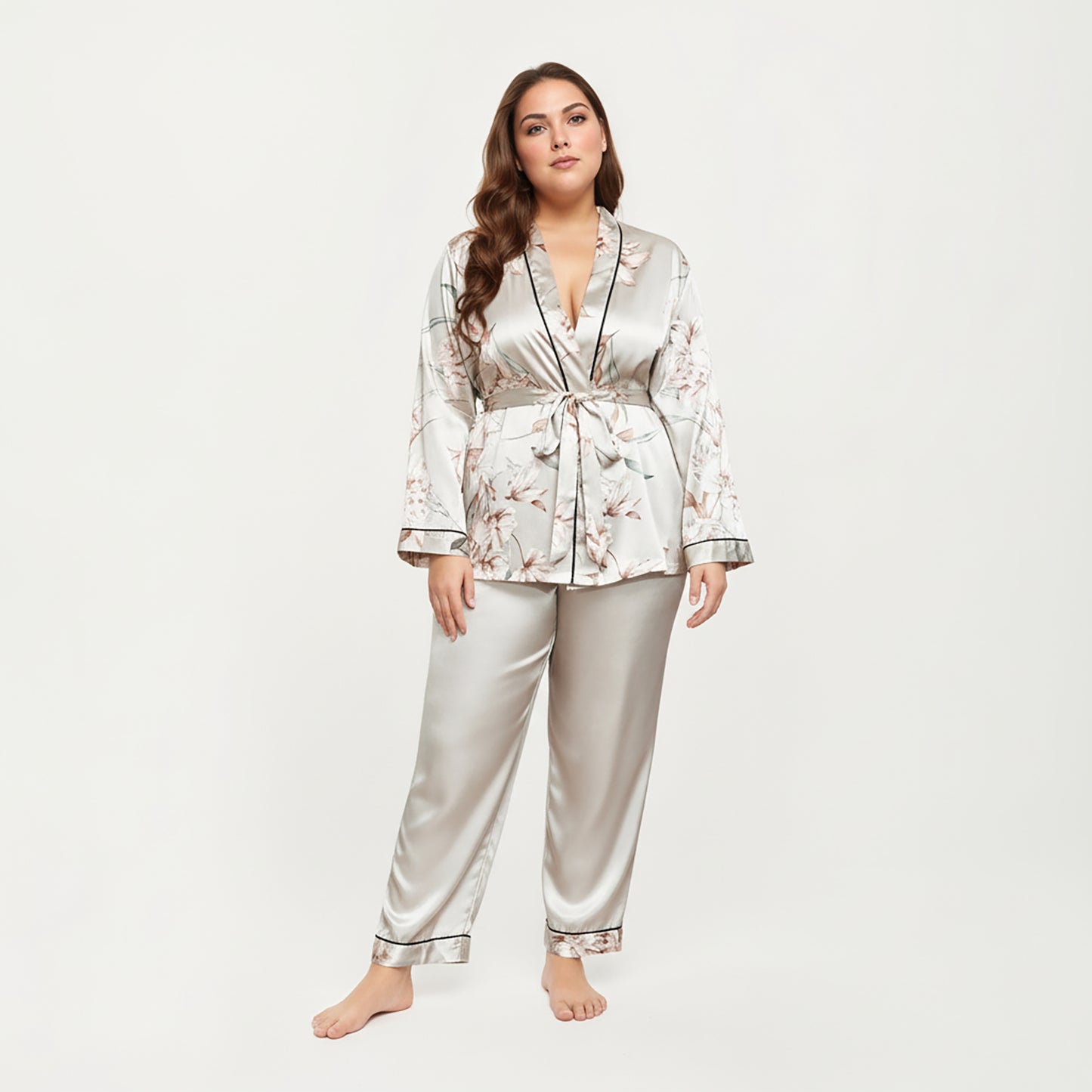 Anna-Kaci Lounge Women's PLus Size Satin Pajama Set with Wrap Front Tie Waist Top and Straight Leg Pants