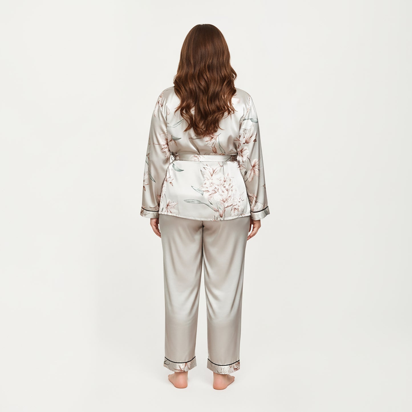 Anna-Kaci Lounge Women's PLus Size Satin Pajama Set with Wrap Front Tie Waist Top and Straight Leg Pants