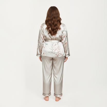 Anna-Kaci Lounge Women's PLus Size Satin Pajama Set with Wrap Front Tie Waist Top and Straight Leg Pants