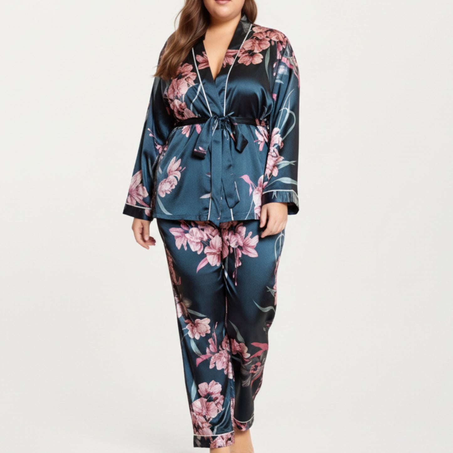 Anna-Kaci Lounge Women's PLus Size Satin Pajama Set with Wrap Front Tie Waist Top and Straight Leg Pants