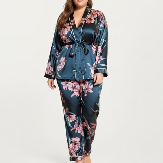 Anna-Kaci Lounge Women's PLus Size Satin Pajama Set with Wrap Front Tie Waist Top and Straight Leg Pants