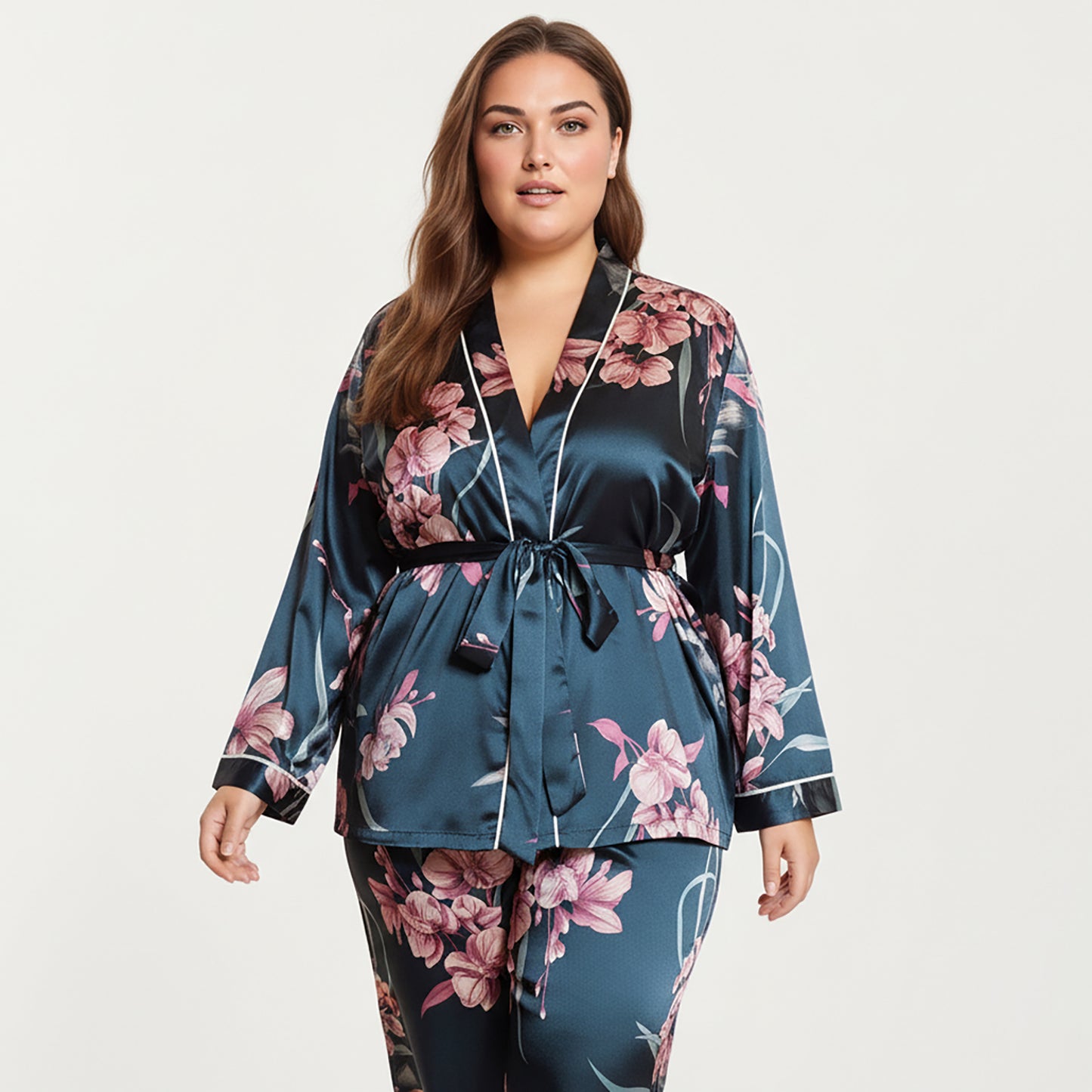 Anna-Kaci Lounge Women's PLus Size Satin Pajama Set with Wrap Front Tie Waist Top and Straight Leg Pants