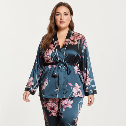 Anna-Kaci Lounge Women's PLus Size Satin Pajama Set with Wrap Front Tie Waist Top and Straight Leg Pants